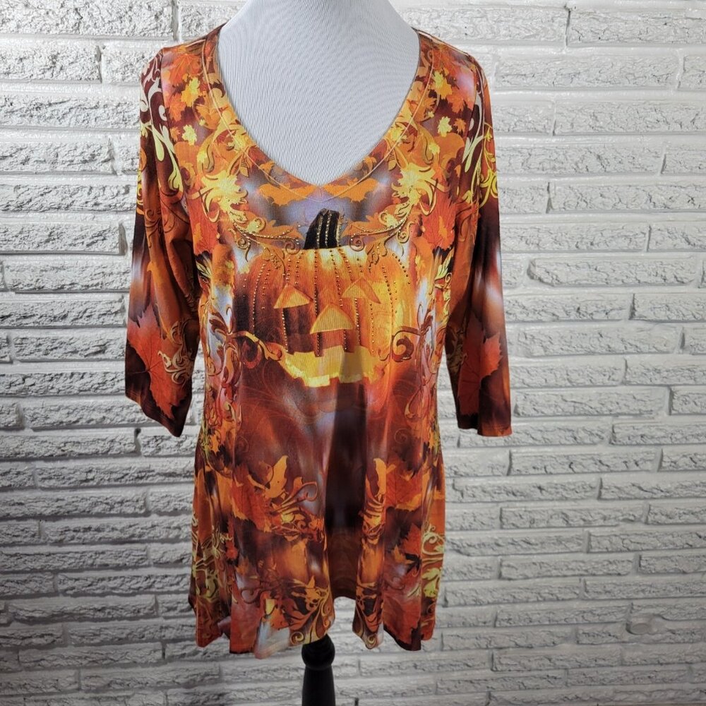 Live & Let Live Women's 1X Plus Orange Geometric Jack O Lantern Tunic GEO193XE